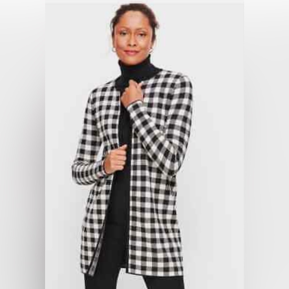 Talbots Black & Cream White Check Gingham Plaid Sweater Blazer Coat Size XS
